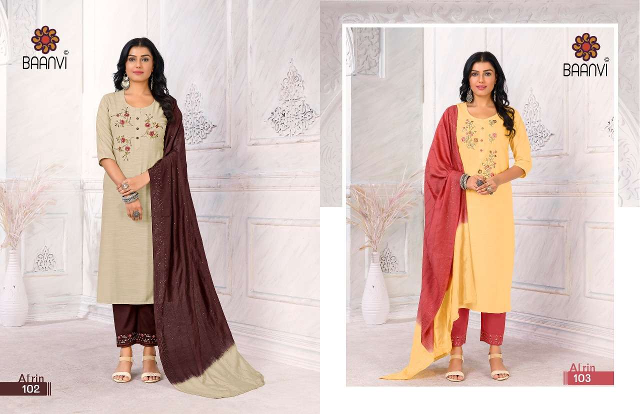 baanvi afrin 101-104 series trendy look kurtis pant with dupatta set wholesale supplier surat 