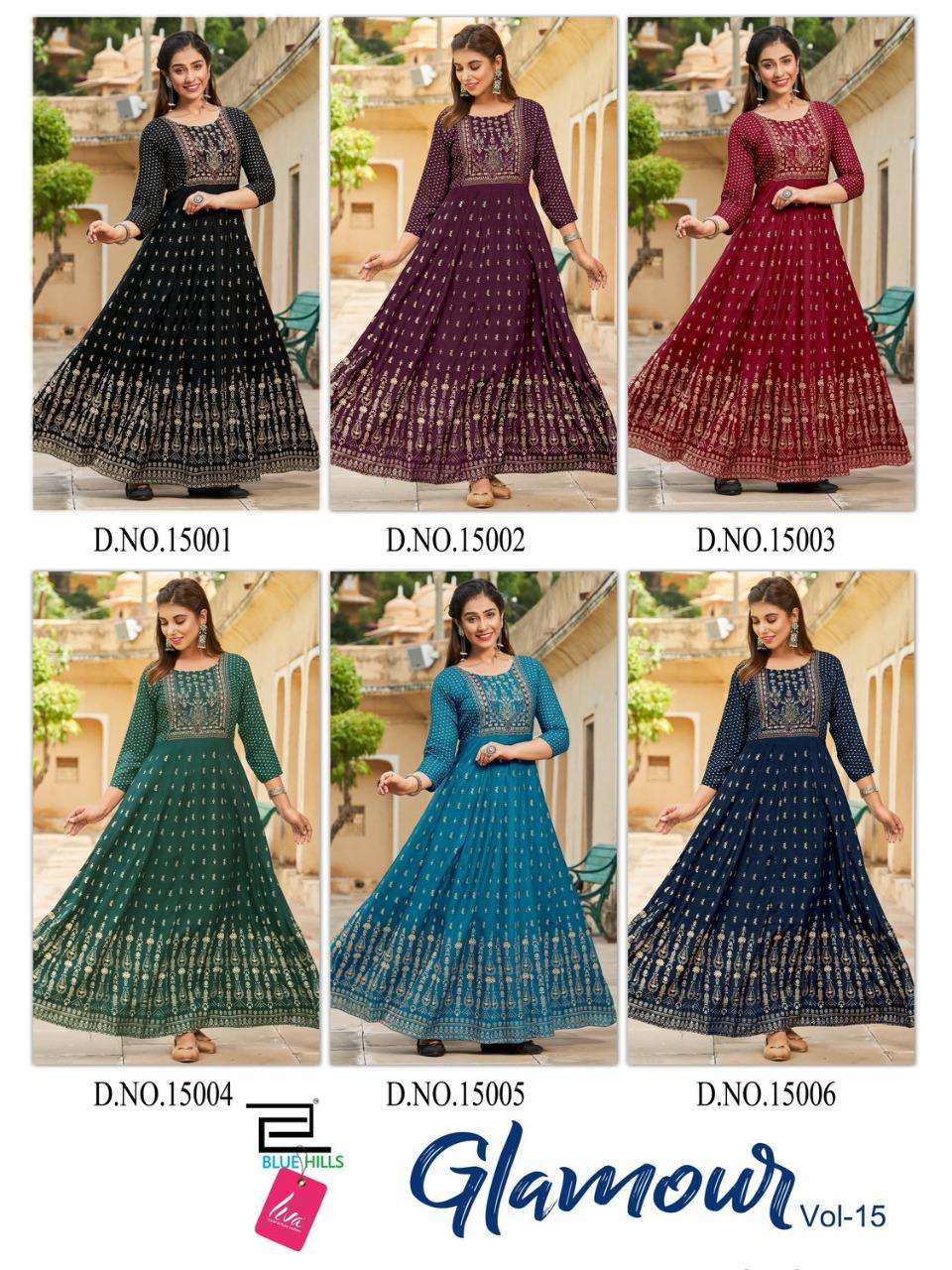 blue hills by glamour vol-15 15001-15006 series reyon long kurti collection online wholesaler surat