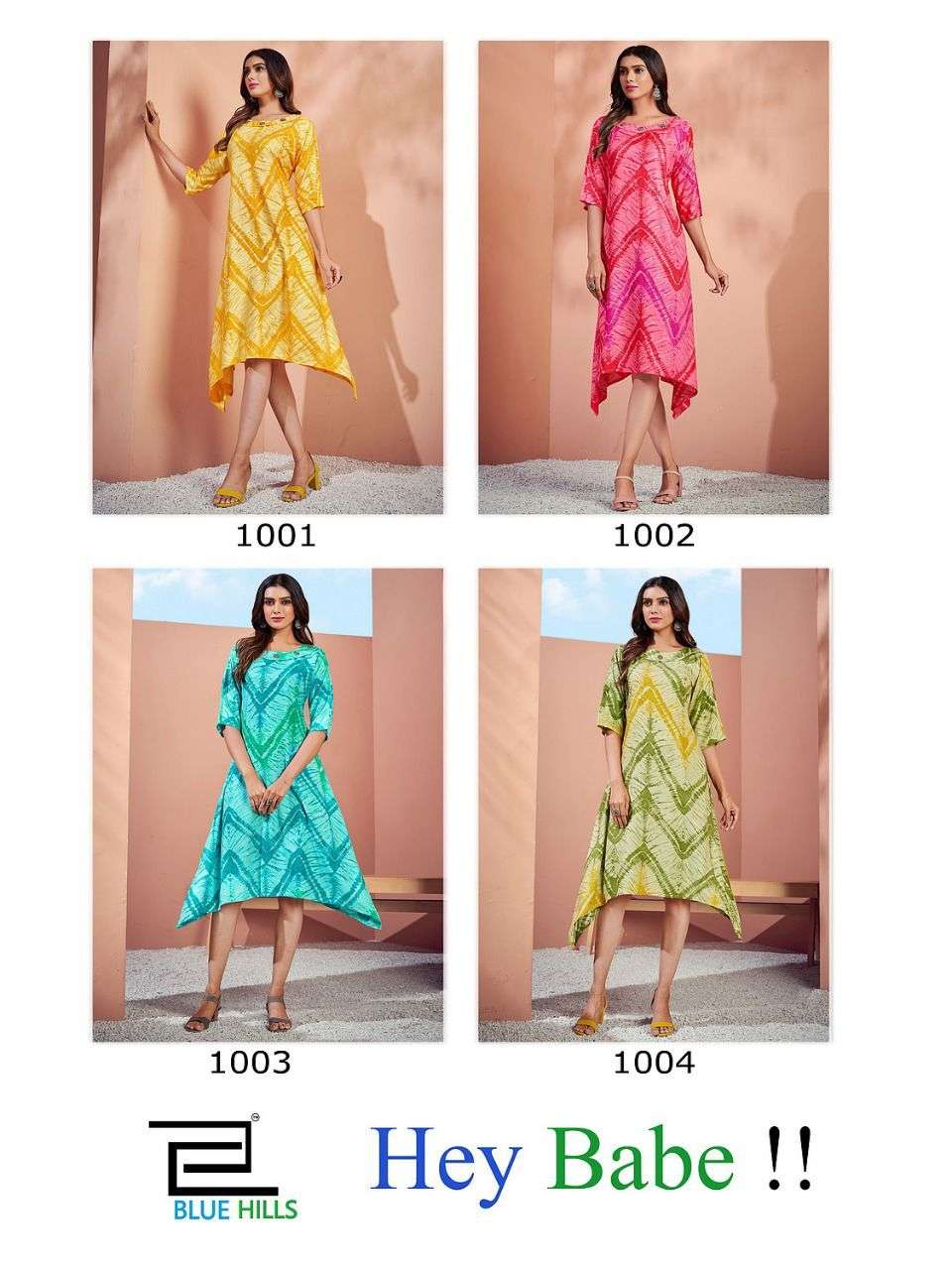 bluehills hey babe 1001-1004 series premium rayon foil printed designer kurtis surat