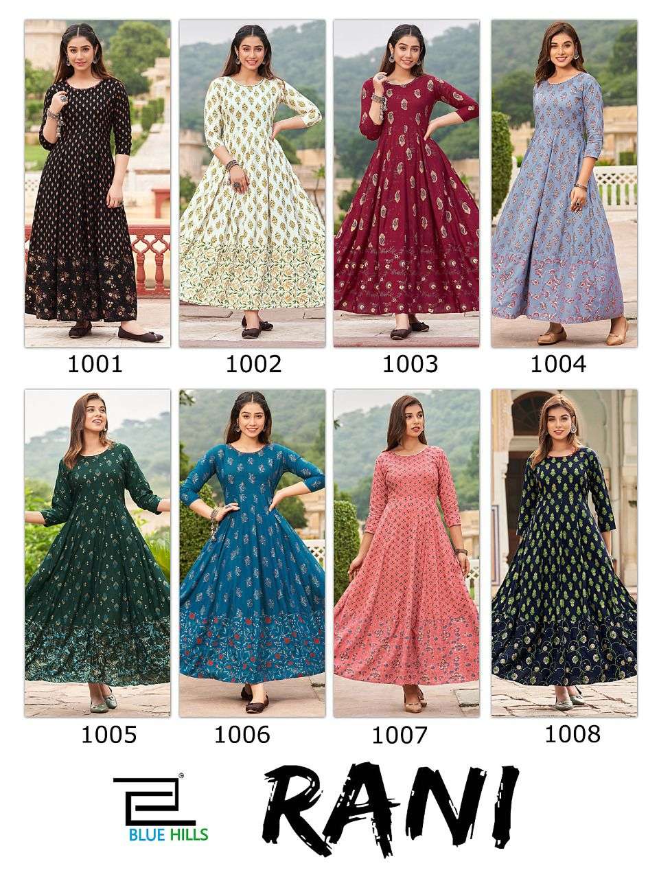 bluehills rani vol 1 1001-1008 series rayon anarkali gown collection wholesale price surat