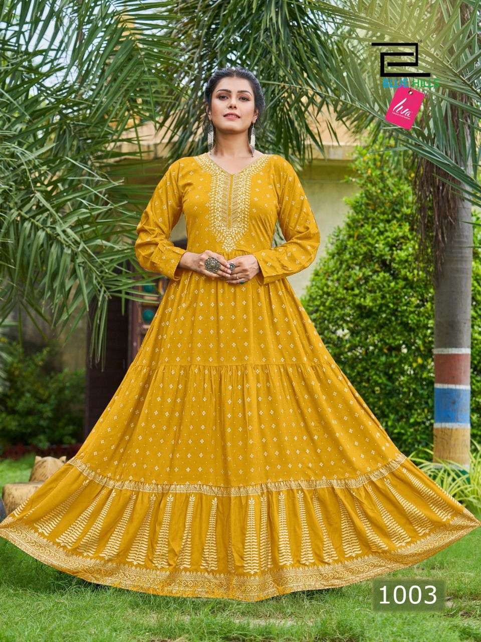 bluehils aafat vol 1 1001-1006 series rayon long frill gown collection wholesale price surat