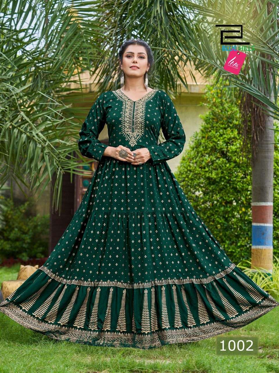bluehils aafat vol 1 1001-1006 series rayon long frill gown collection wholesale price surat