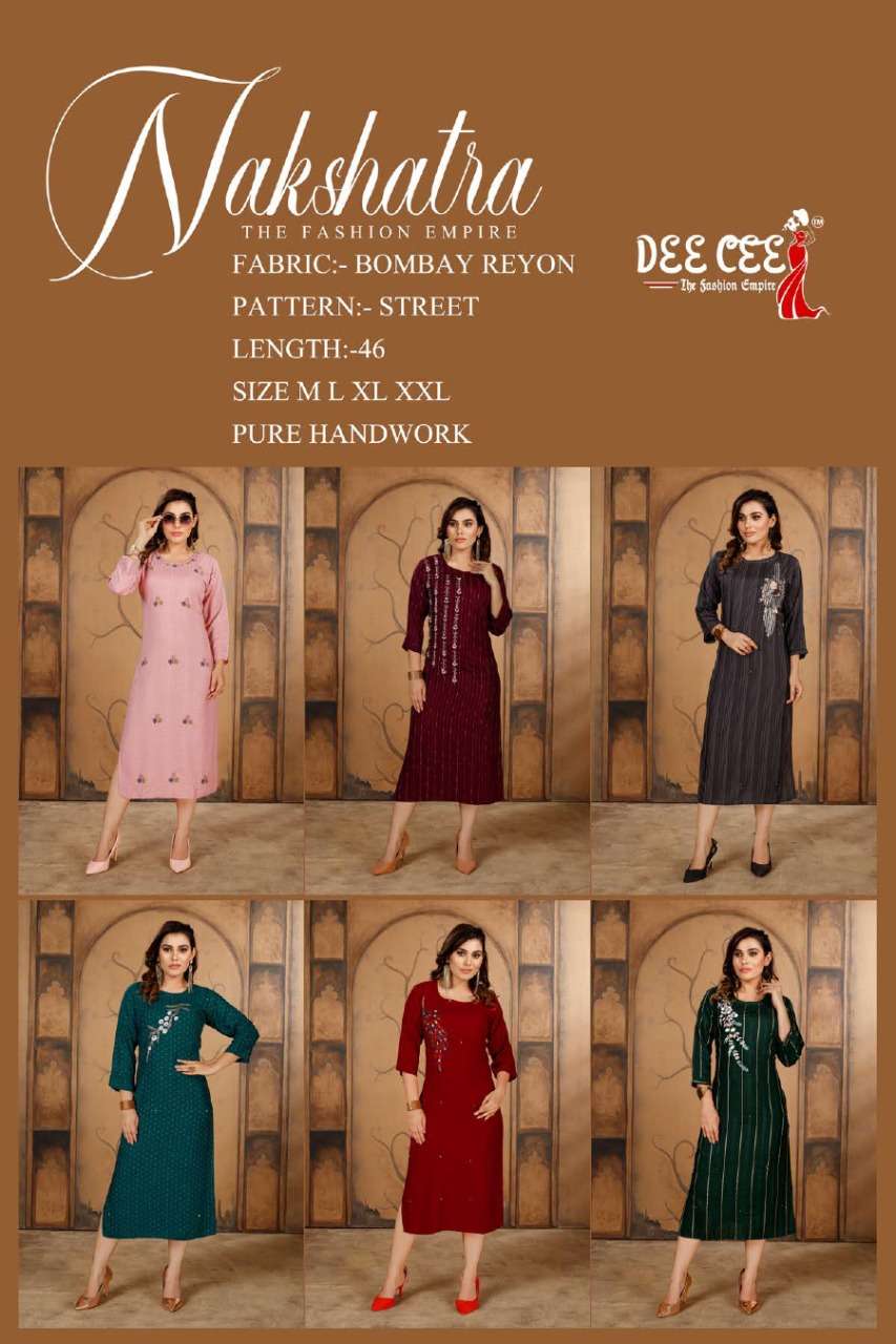 dee cee nakshatra 101-106 series rayon with handwork designer kurtis wholesale price 