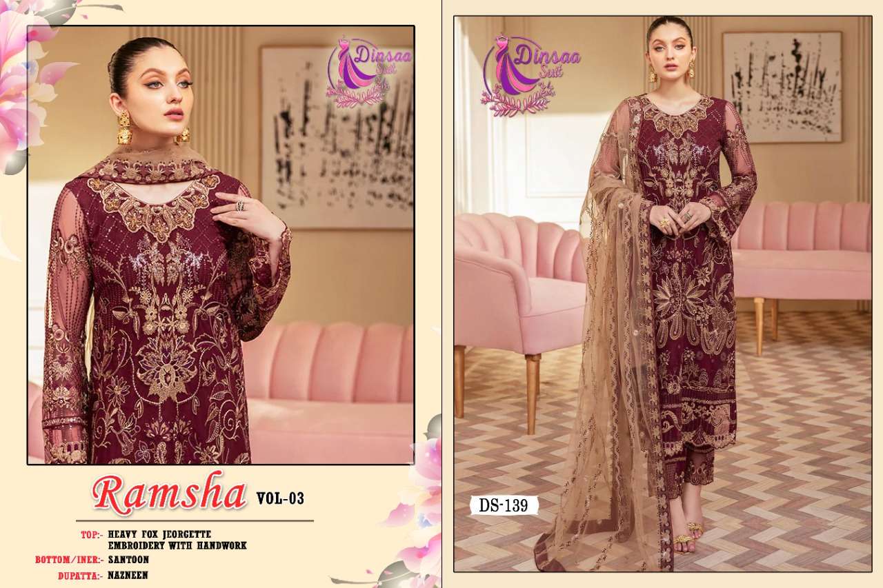 dinsaa suits ramsha hit vol-3 139-141 series georgette pakistani designer salwar suits wholesale price pratham fashion 