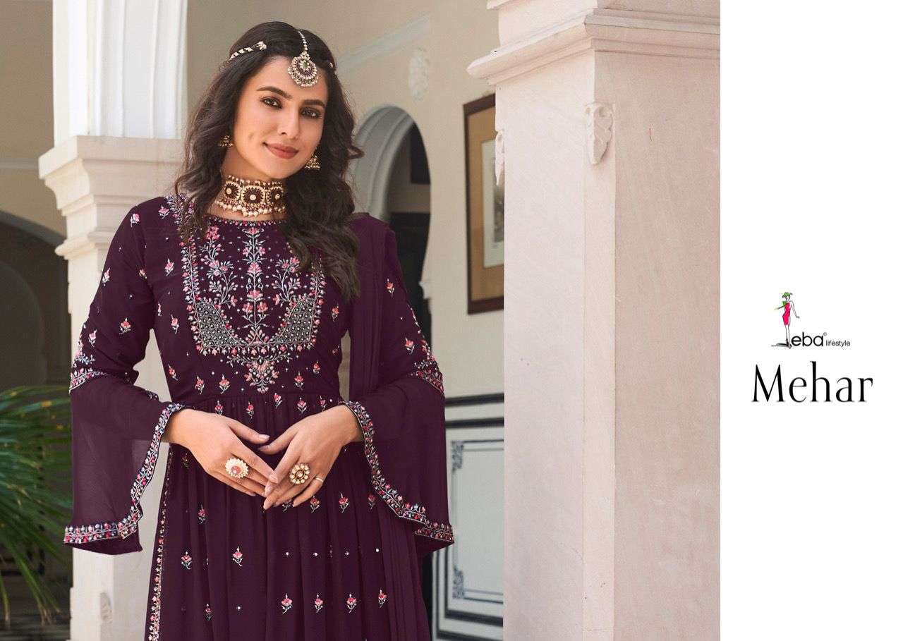 eba lifestyle mehar vol-1 1479-1482 series georgette embroidred free size party wear sharara dress online price surat 