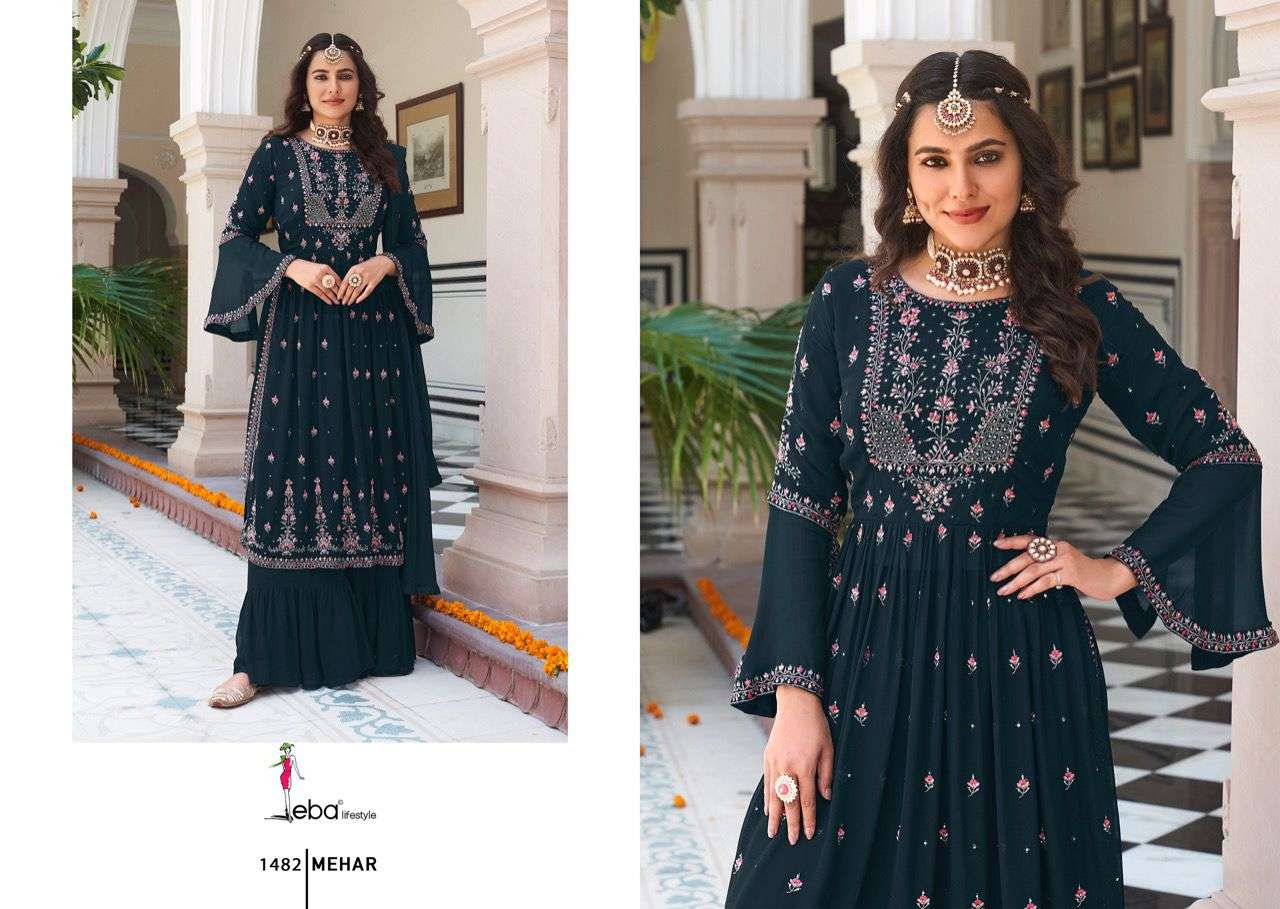 eba lifestyle mehar vol-1 1479-1482 series georgette embroidred free size party wear sharara dress online price surat 