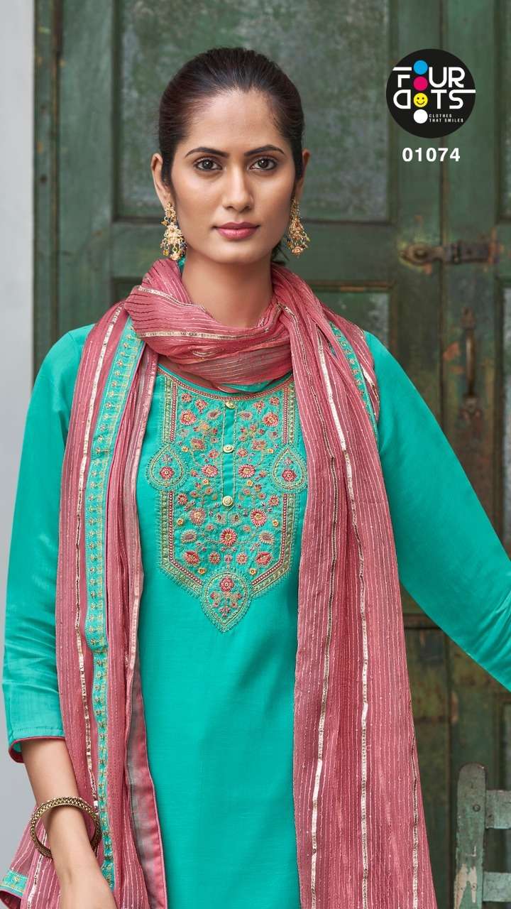 fourdots sangini 1071-1074 series pure muslin silk fancy embroidered suits collection surat