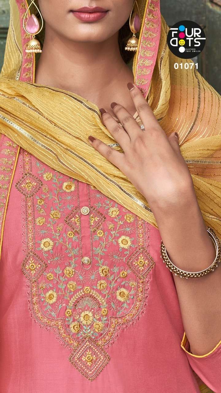 fourdots sangini 1071-1074 series pure muslin silk fancy embroidered suits collection surat