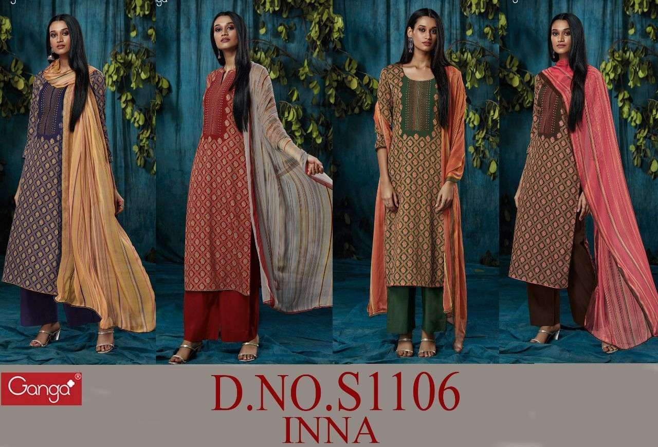 ganga inna 1106 premium cotton fancy dress material wholesale price surat