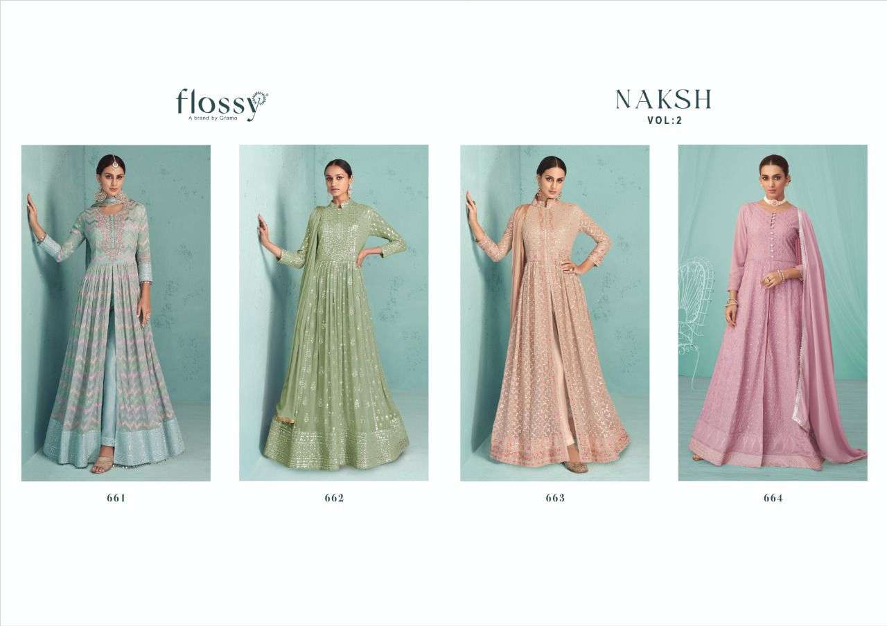 gramo flossy naksh vol 2 661-664 series party wear look readymade salwar suits collection surat