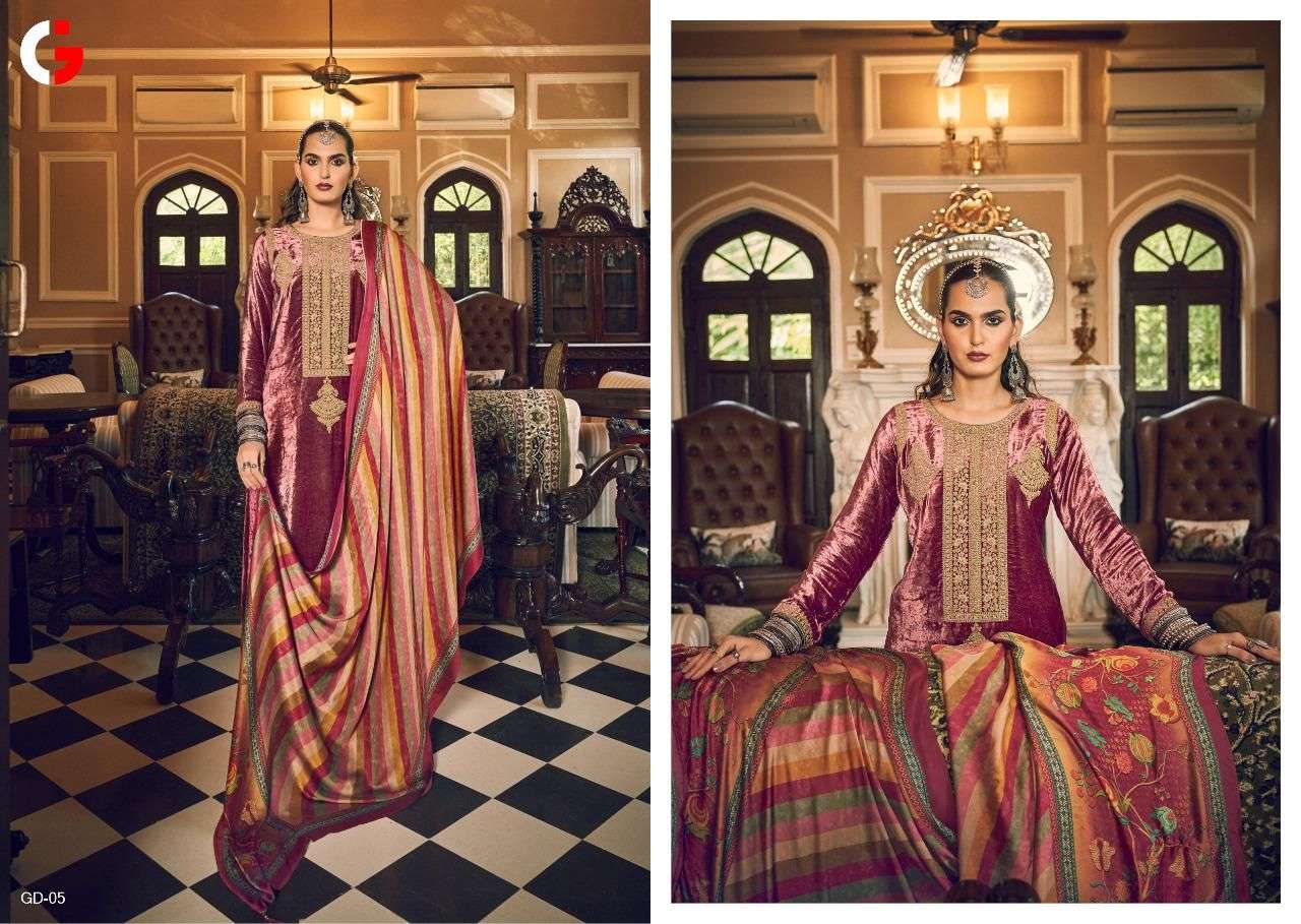 gull jee grandeur 01-06 series luxury velvet party wear salwar kameez online wholesaler surat`