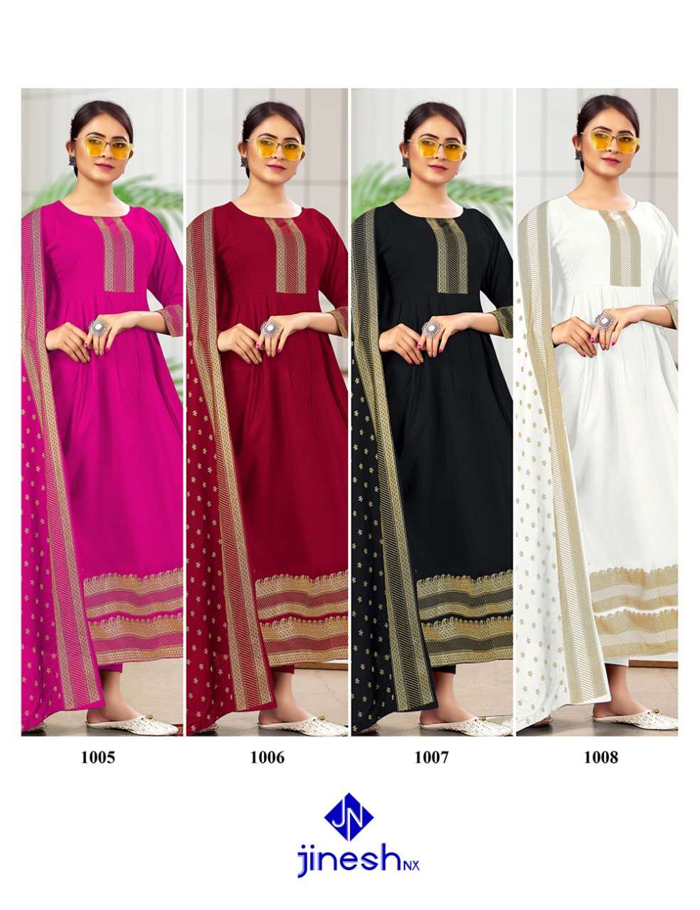 jinesh nx monika rayon foil printed kurtis with dupatta set wholesale price supplier surat