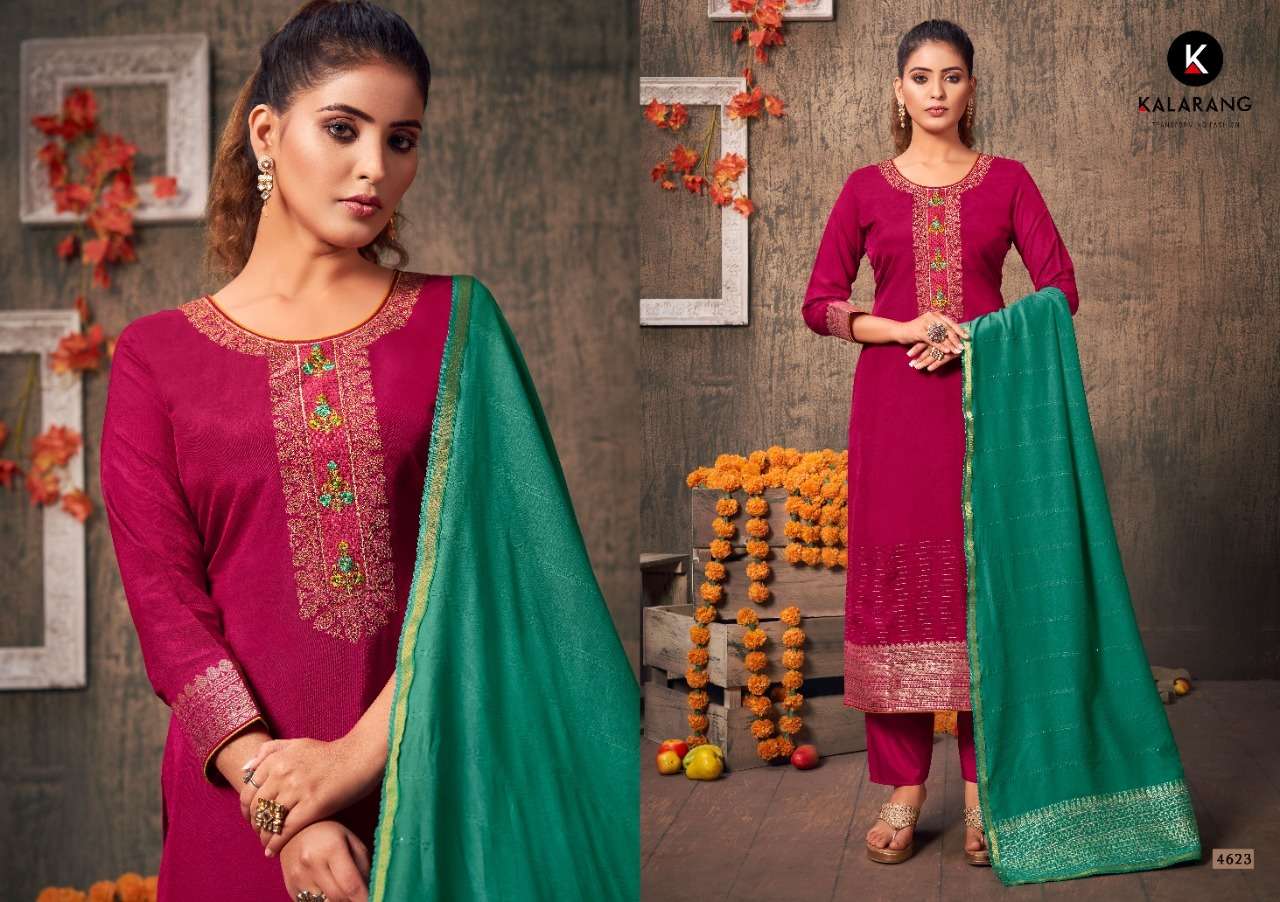 kalarang arth 4621-4624 series muslin dola jaqaurd fancy dress material wholesale price 