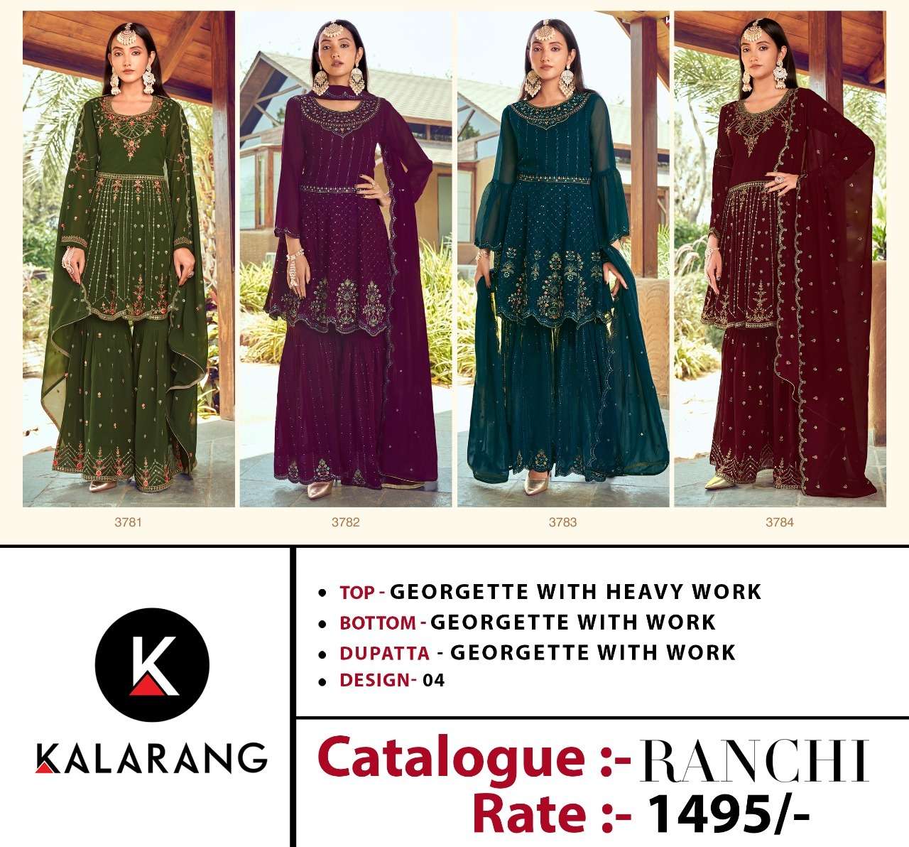 kalarang ranchi 3781-3784 series georgette embroidered fancy work suits collection surat