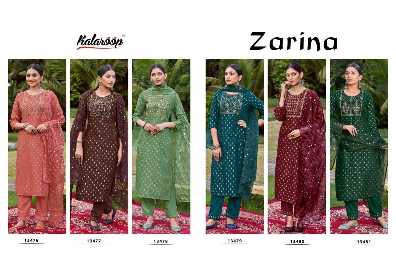 kalarrop zarina 13476-13481 series fancy fabrics with work designer kurtis wholesale price surat