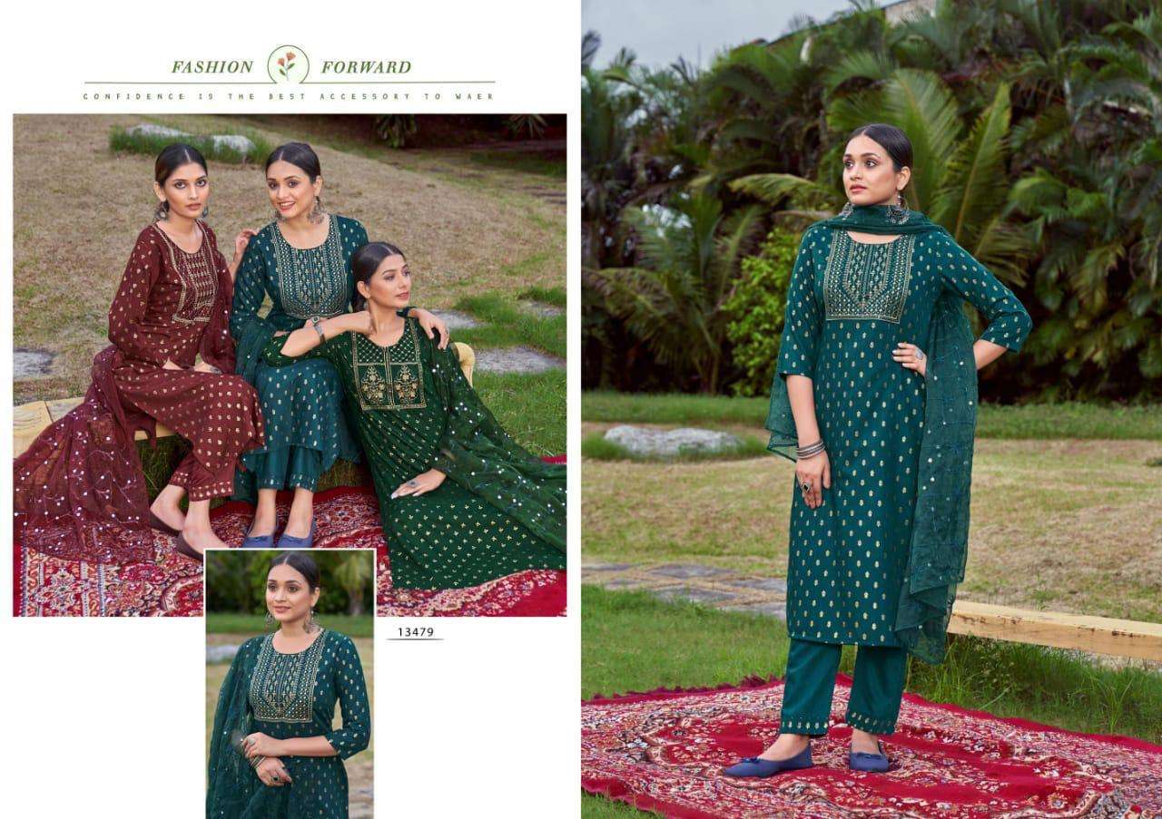 kalarrop zarina 13476-13481 series fancy fabrics with work designer kurtis wholesale price surat