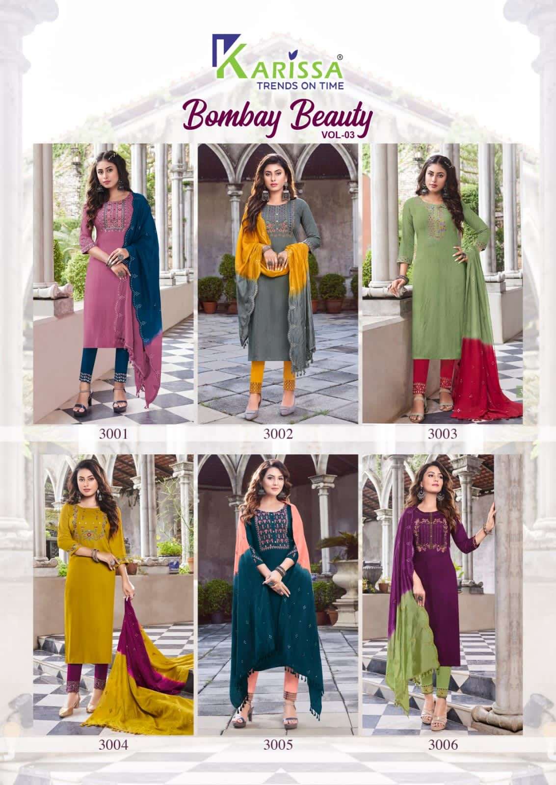 karissa bombay beauty vol-3 3001-3006 series fancy viscose with work collection wholesale price surat