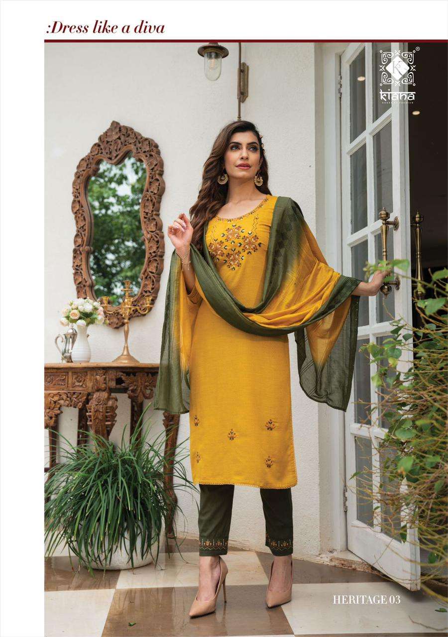 kiana fashion heritage 01-06 series fancy fabrics with embroidered work kurtis wholesale price 