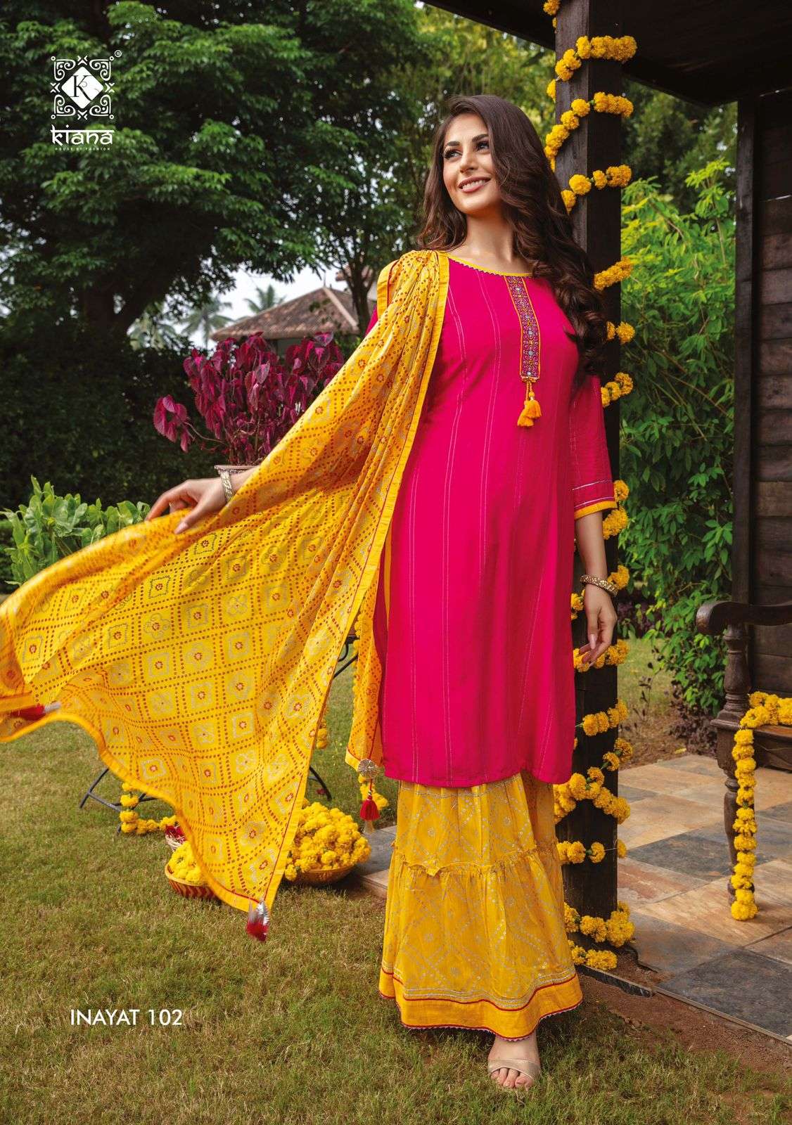kiana fashion inayat 101-108 series party wear look kurtis sharaa with fancy dupatta collection surat