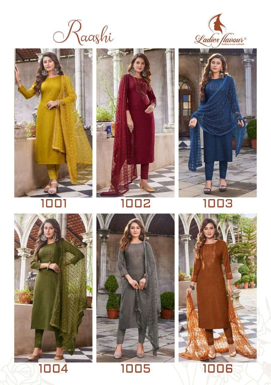 ladies flaour raashi 1001-1006 series  viscose designer salwar suits best rate pratham fashion 