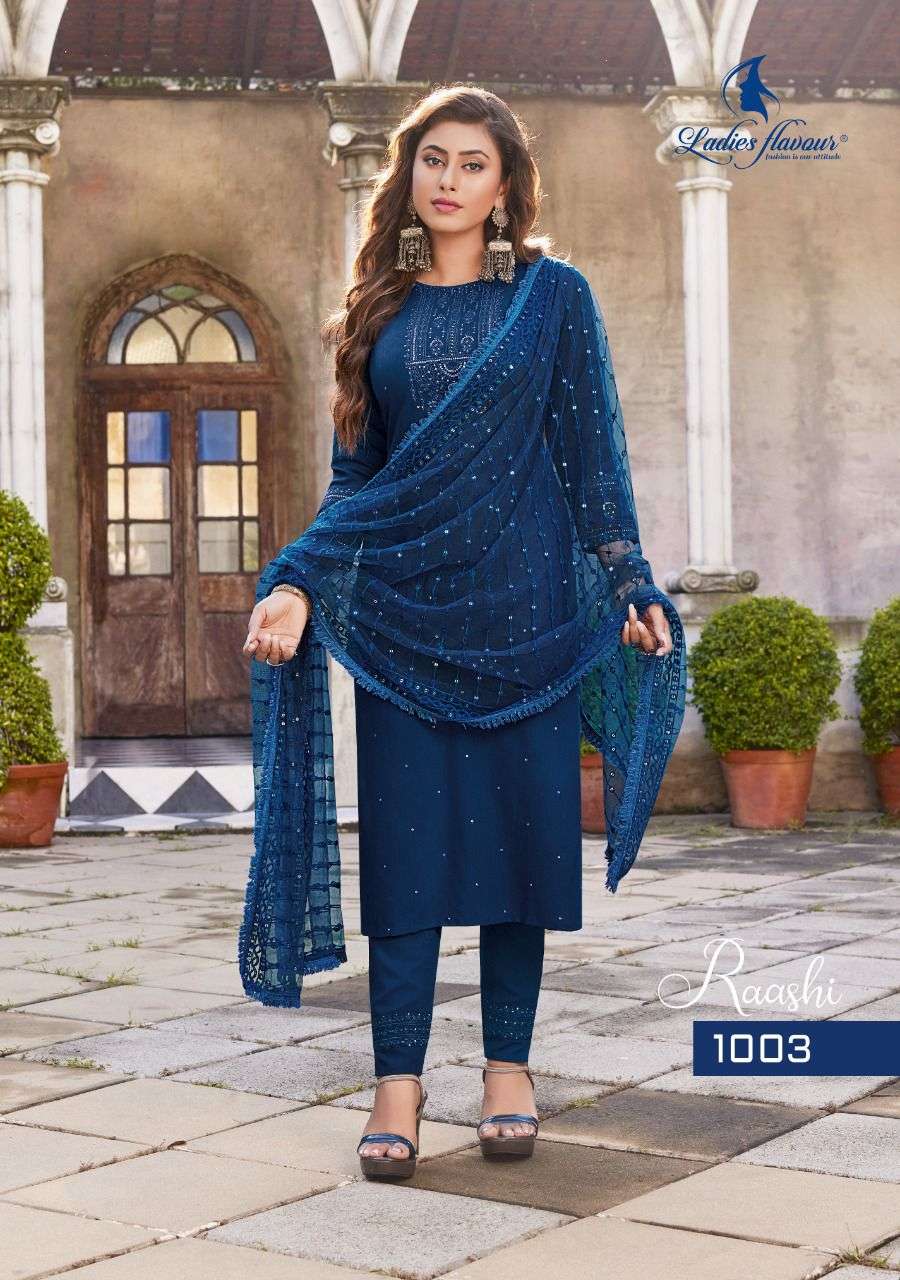 ladies flaour raashi 1001-1006 series  viscose designer salwar suits best rate pratham fashion 