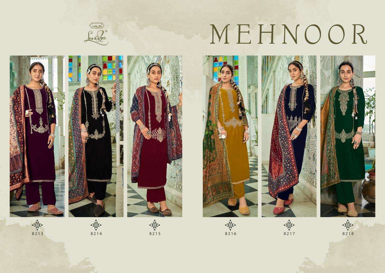 levisha mehnoor 8213-8218 series pure 9000 velvet deesigner winter suits collection surat