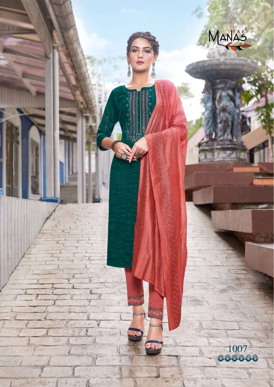 manas sparkle vol-2 1007-1012 series chinon designer work with embroidery kurtis bottom with dupatta collection 