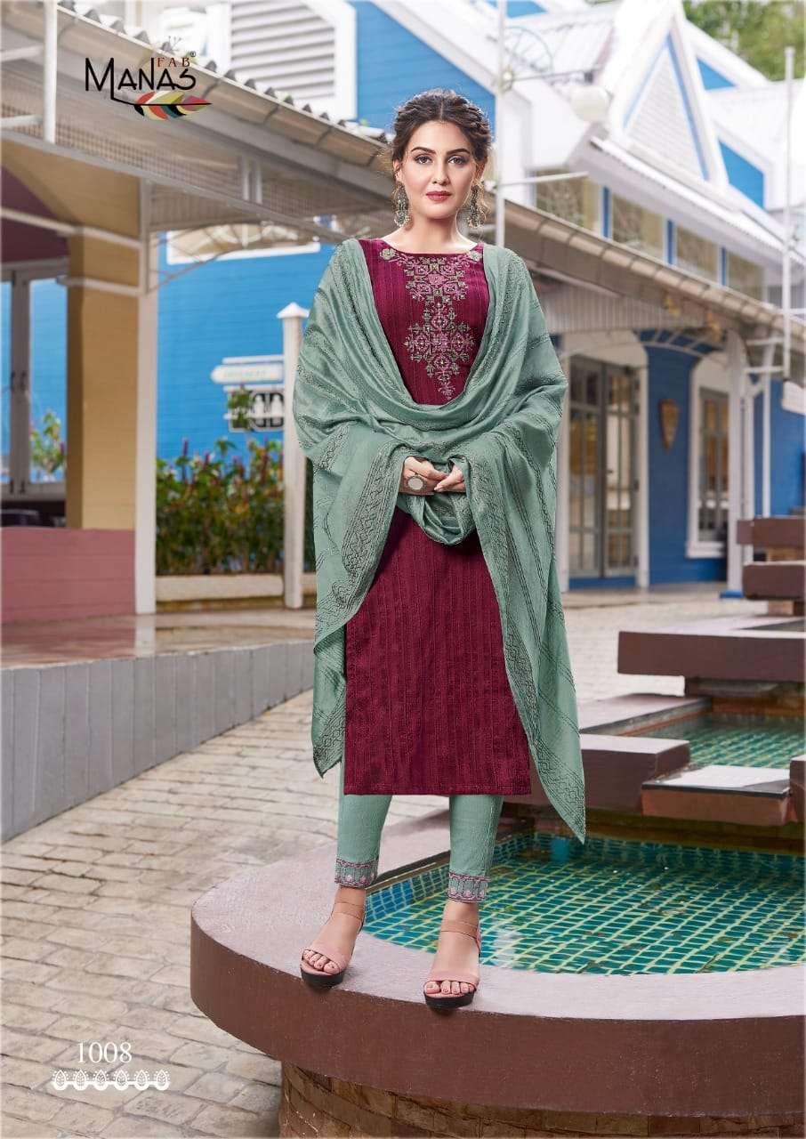 manas sparkle vol-2 1007-1012 series chinon designer work with embroidery kurtis bottom with dupatta collection 