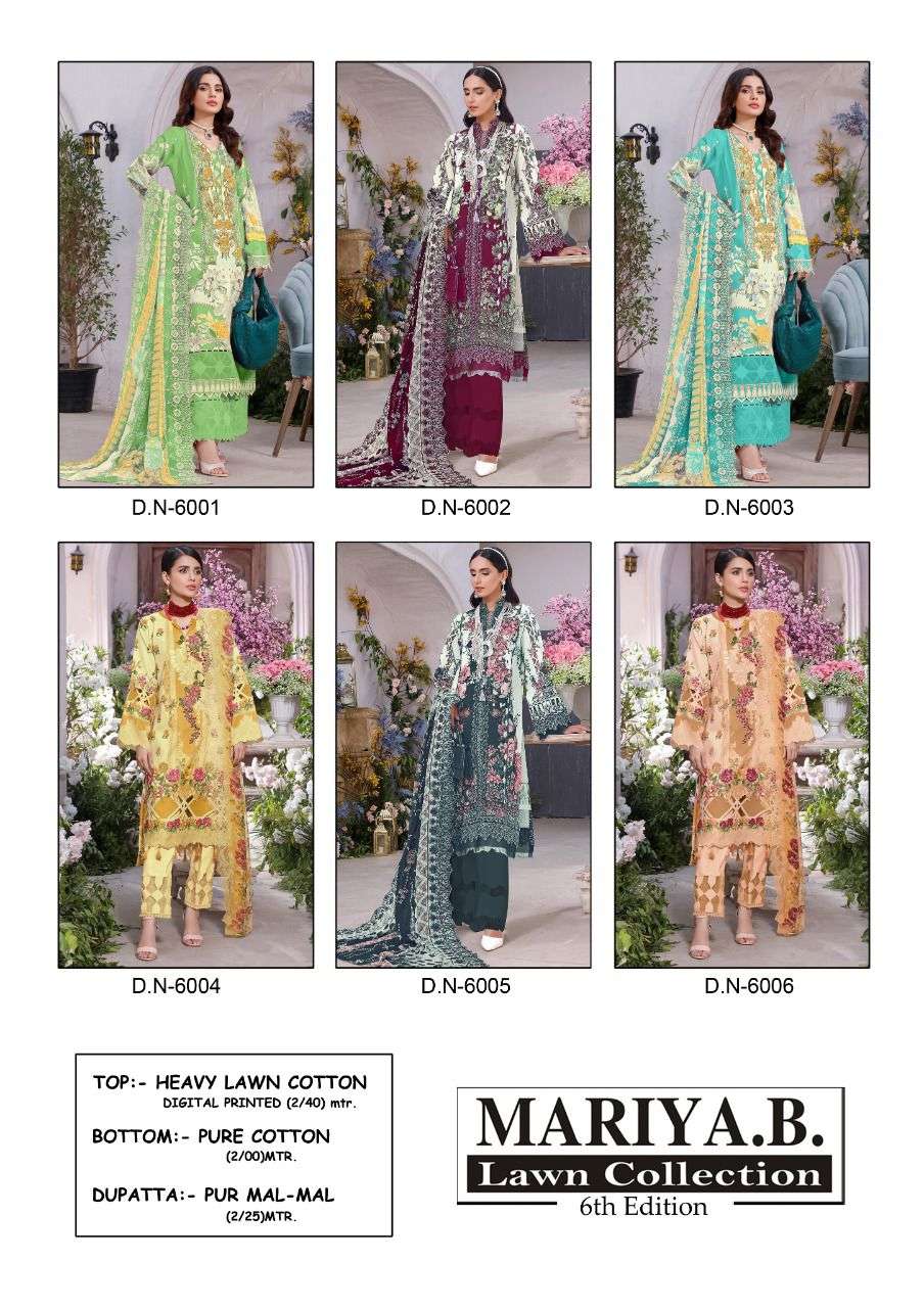 Mariya b Lawn collection 6th edition vol-6 6001-6006 pakistani lawn cotton salwar suits wholesale surat