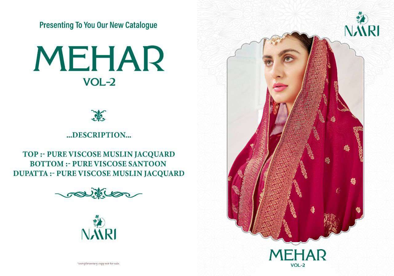 naari mehar vol-2 1601-1604 series pure muslin jaqaurd designer suits collection surat