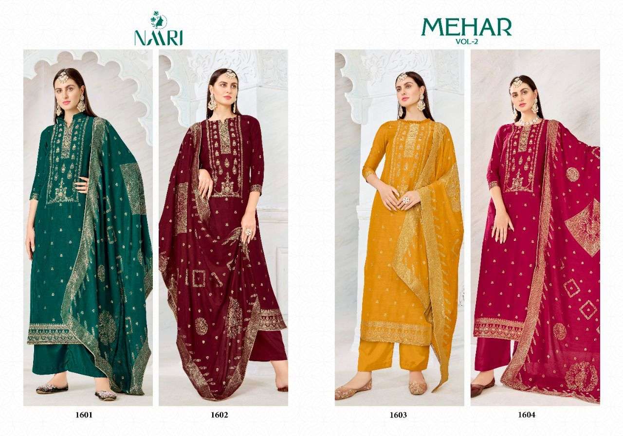 naari mehar vol-2 1601-1604 series pure muslin jaqaurd designer suits collection surat