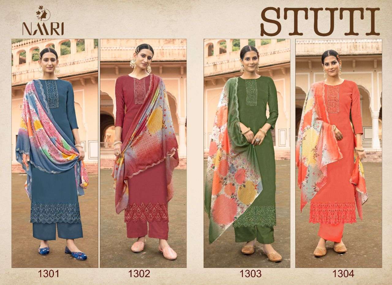 naari stuti vol 2 1301-1304 series pure silk with embrodered dress material wholesale price surat