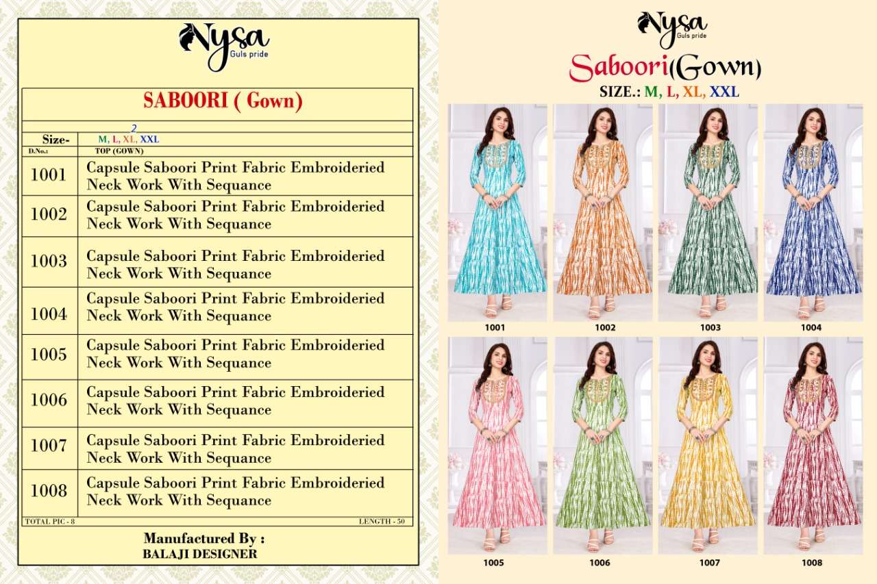 nysa saboori vol 1 latest gown collection wholesale manufacturer surat