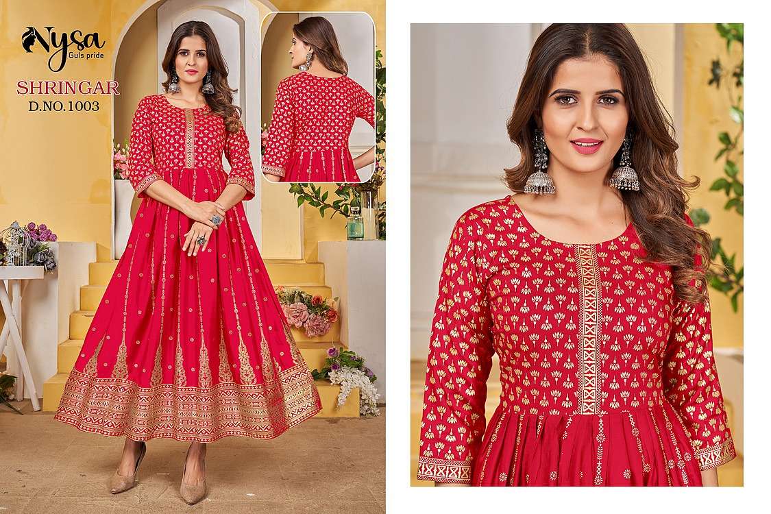 nysa shringar 1001-1007 series rayon foil printed anarkali gown collection wholesale price 