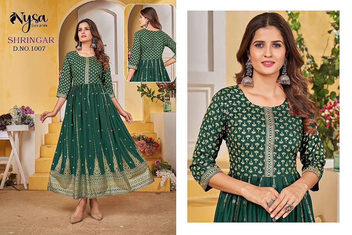 nysa shringar 1001-1007 series rayon foil printed anarkali gown collection wholesale price 
