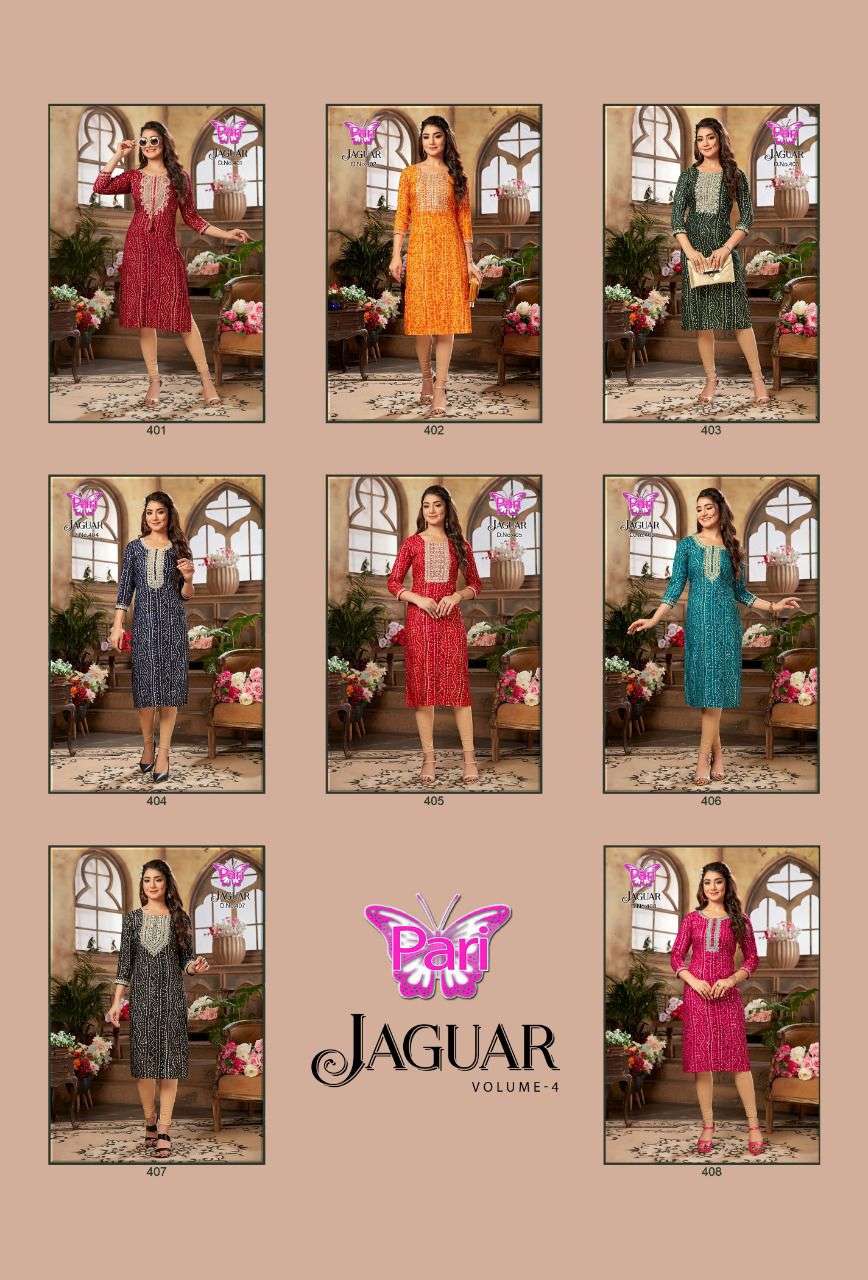 pari jaguar vol-4 rayon bandhani foil printed designer kurtis wholesale price online surat