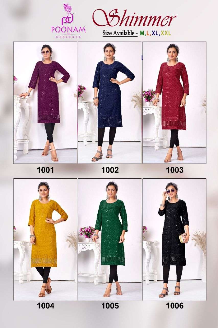 poonam designer shimmer 1001-1006 series reyon chikankari kurti collection online wholesaler surat