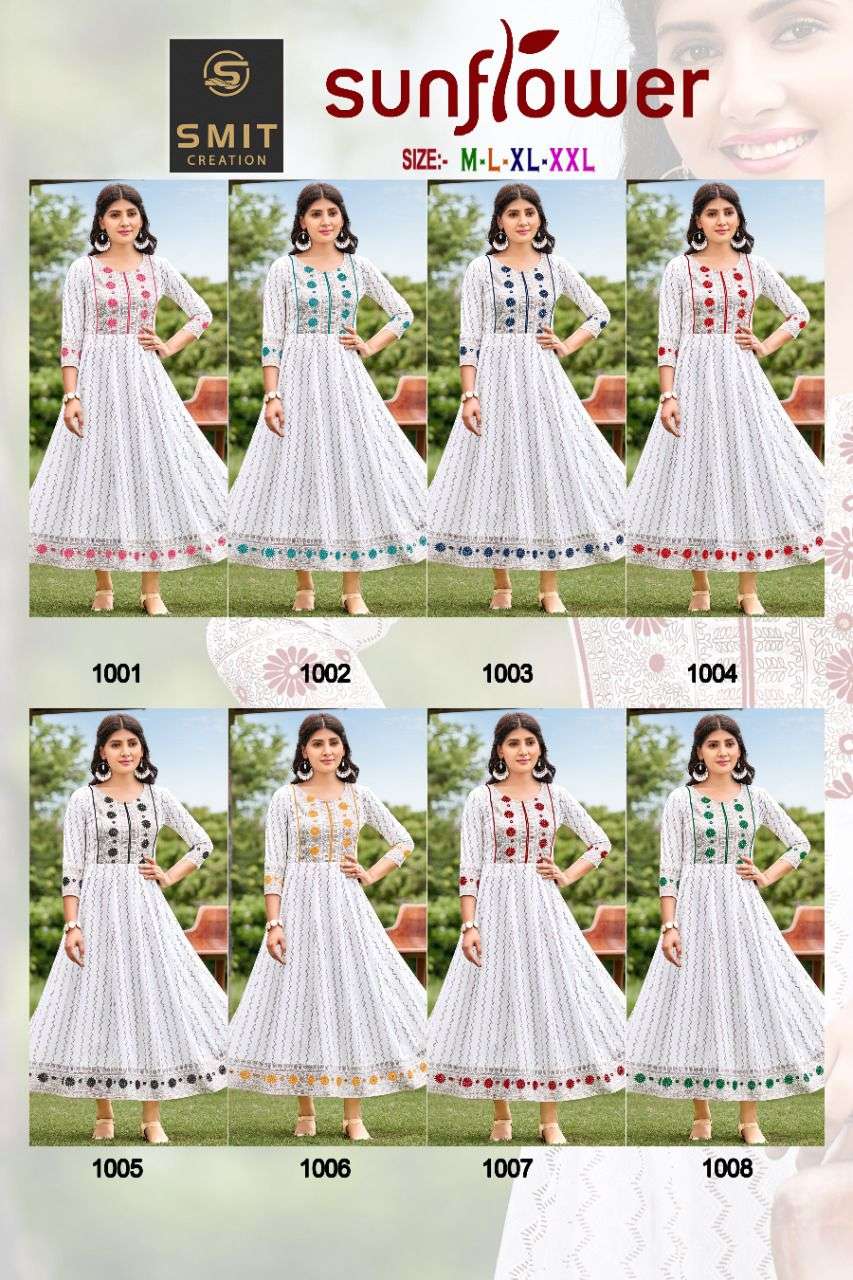 poonam designer sunflower 1001-1008 white series reyon long kurti collection kurties catalogue surat
