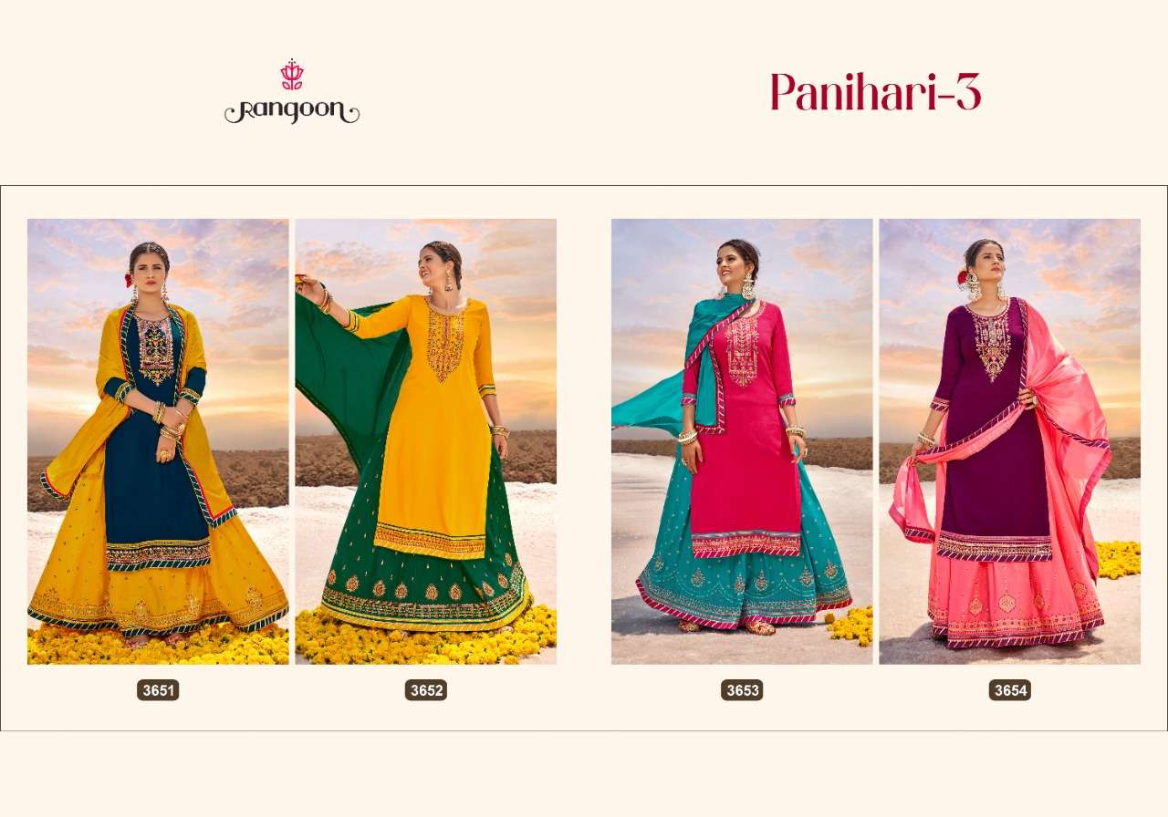rangoon panihari vol-3 3651-3654 series arjet reyon kurti with skirt party wear festive collection online shopping suart