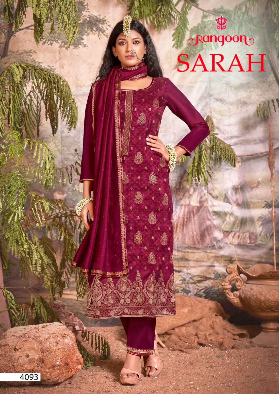rangoon sarah 4091-4094 series party wear pure dola jaqaurd designer kurtis bottom with dupatta set wholesale price