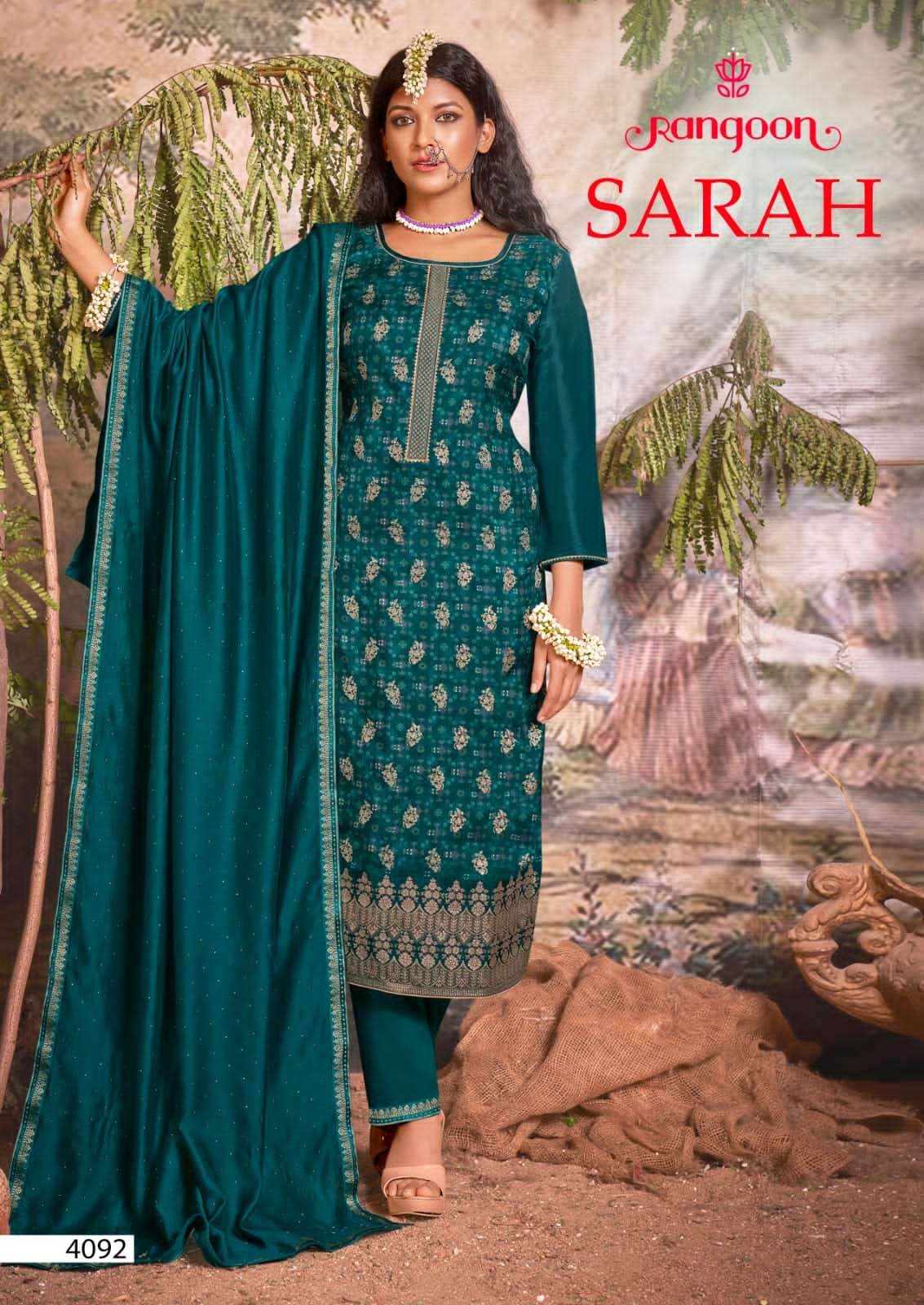 rangoon sarah 4091-4094 series party wear pure dola jaqaurd designer kurtis bottom with dupatta set wholesale price