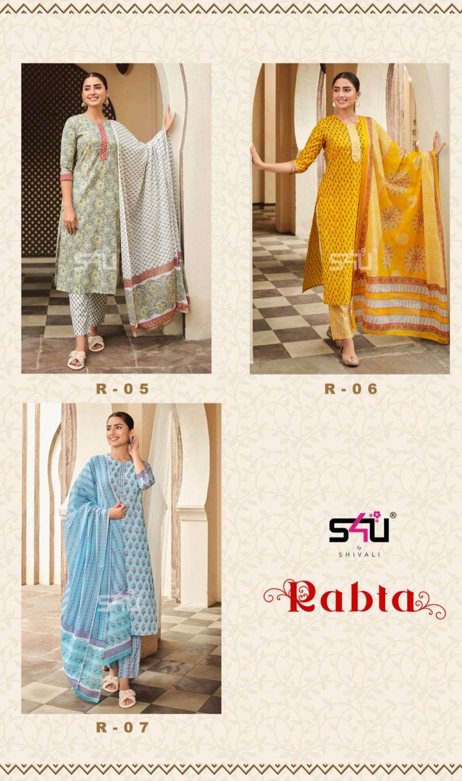 S4u Rabta 01-07 series pure cotton printed Kurtis bottom with dupatta set Wholesale price 