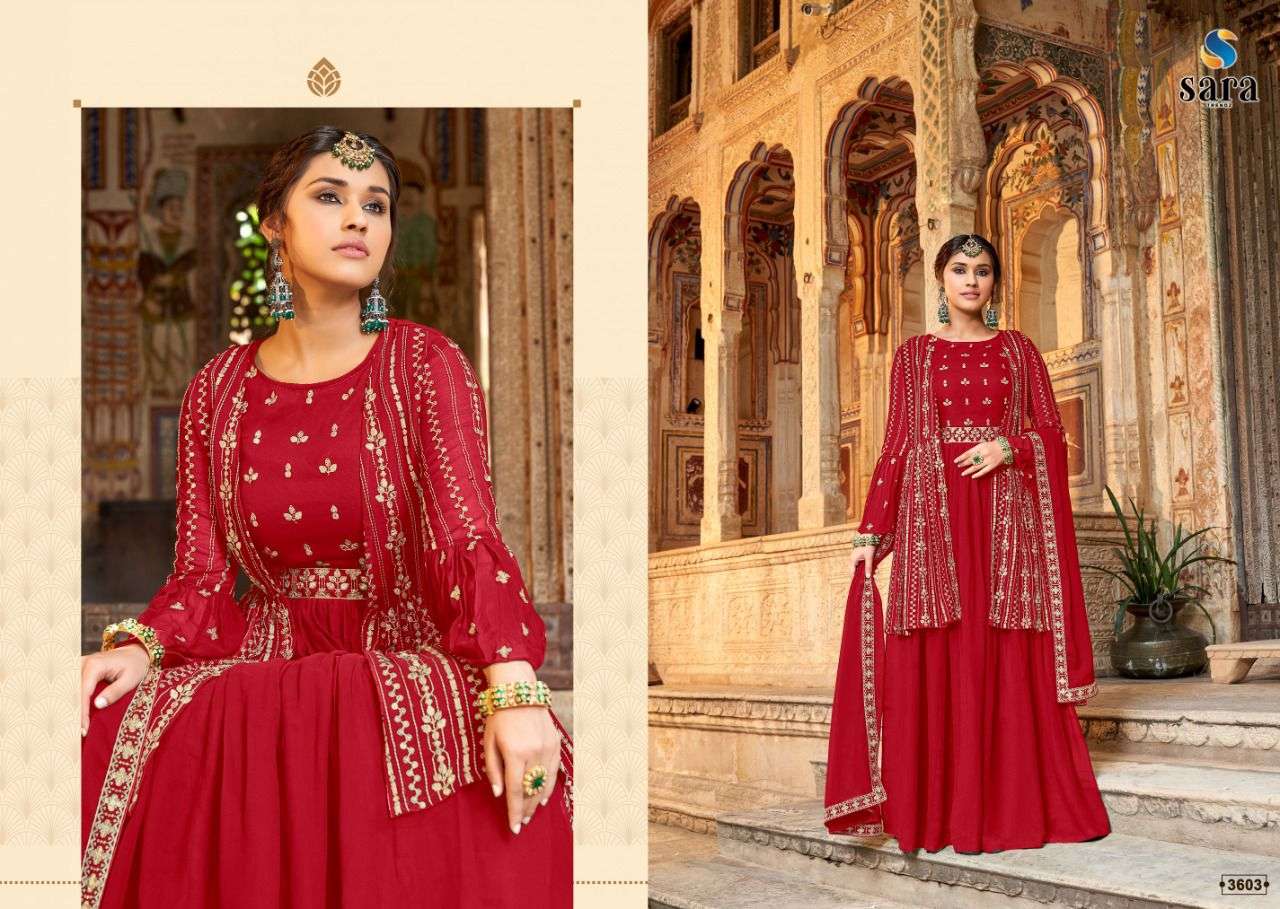 sara trendz mannat 3601-3604 series georgette fancy suits wholesaler surat