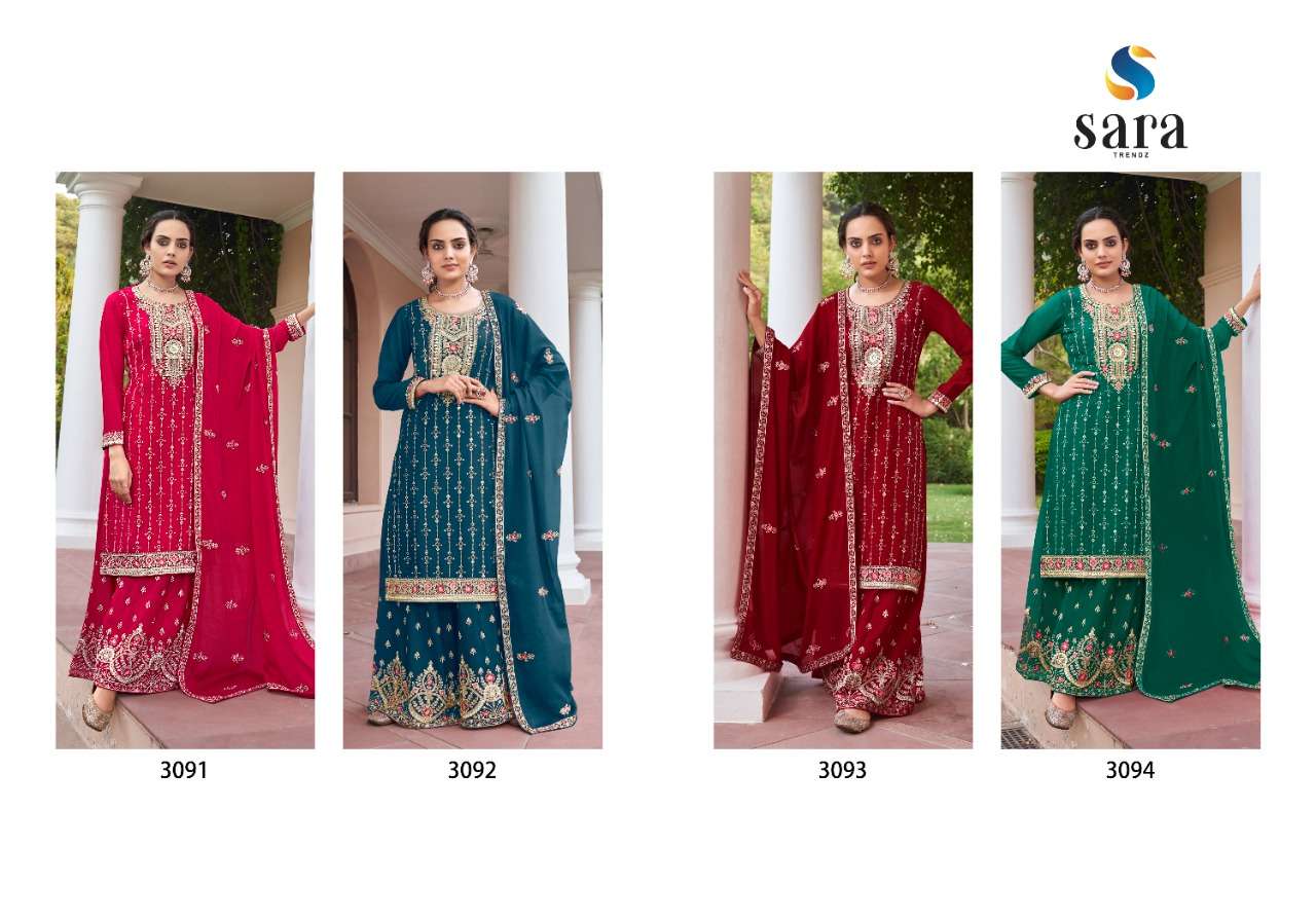 sara trendz pasoori 3091-3094 series chinon with heavy embroidery salwar suits wholesale price surat