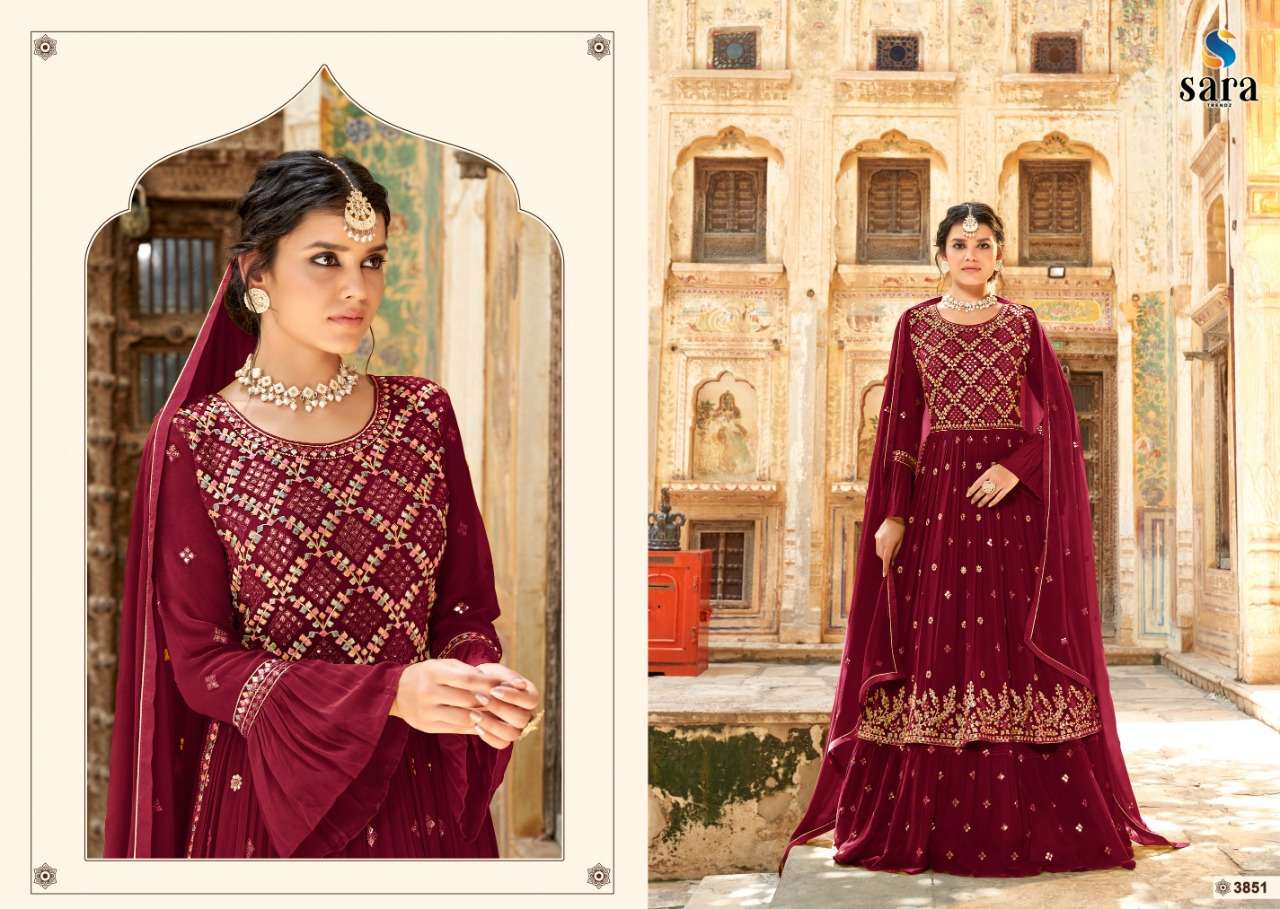 sara trendz ruby 3851-3854 series georgette heavy embroidered work suits wholesaler surart
