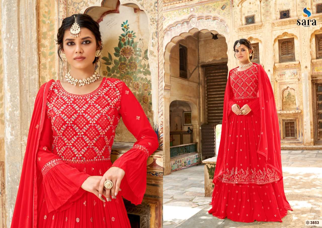 sara trendz ruby 3851-3854 series georgette heavy embroidered work suits wholesaler surart