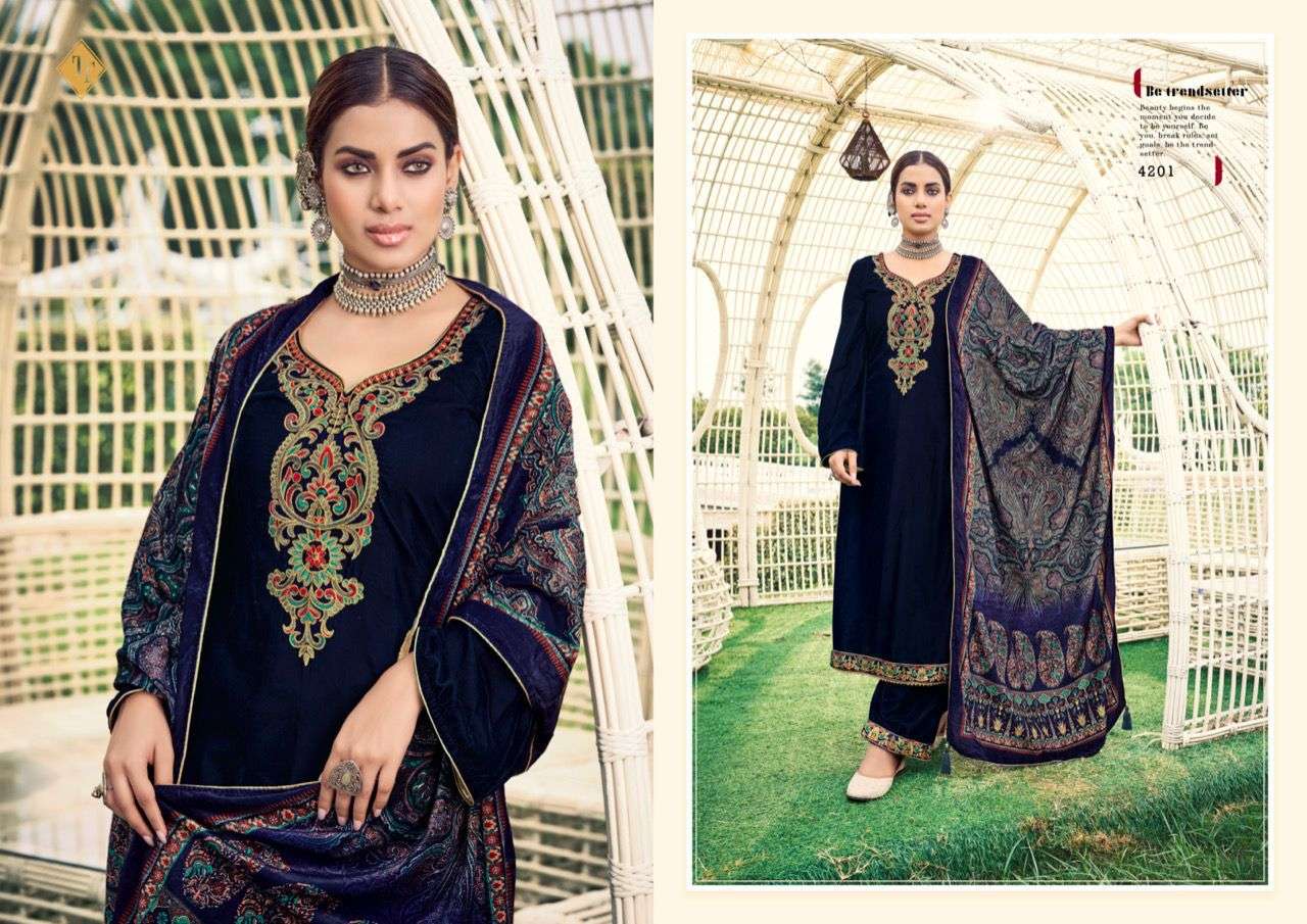 tanishk fashion mariah 4201-4206 series designer velvet embroidered suits collection wholesale price 