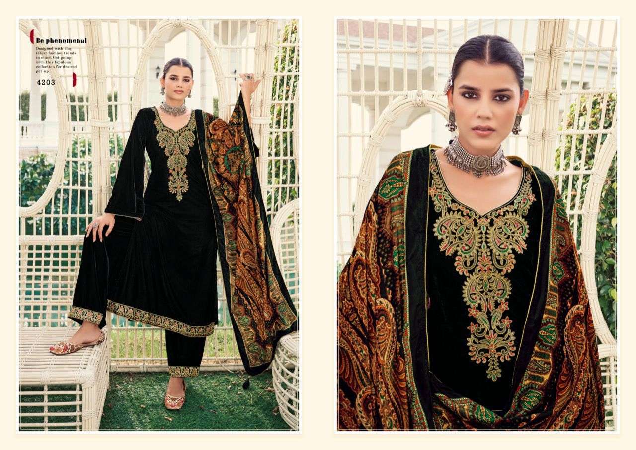 tanishk fashion mariah 4201-4206 series designer velvet embroidered suits collection wholesale price 
