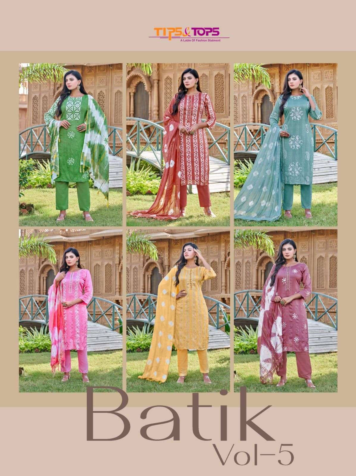 tips and tips batik vol 5 01-06 series chanderi batik printed kurtis bottom with dupatta set wholesale price 