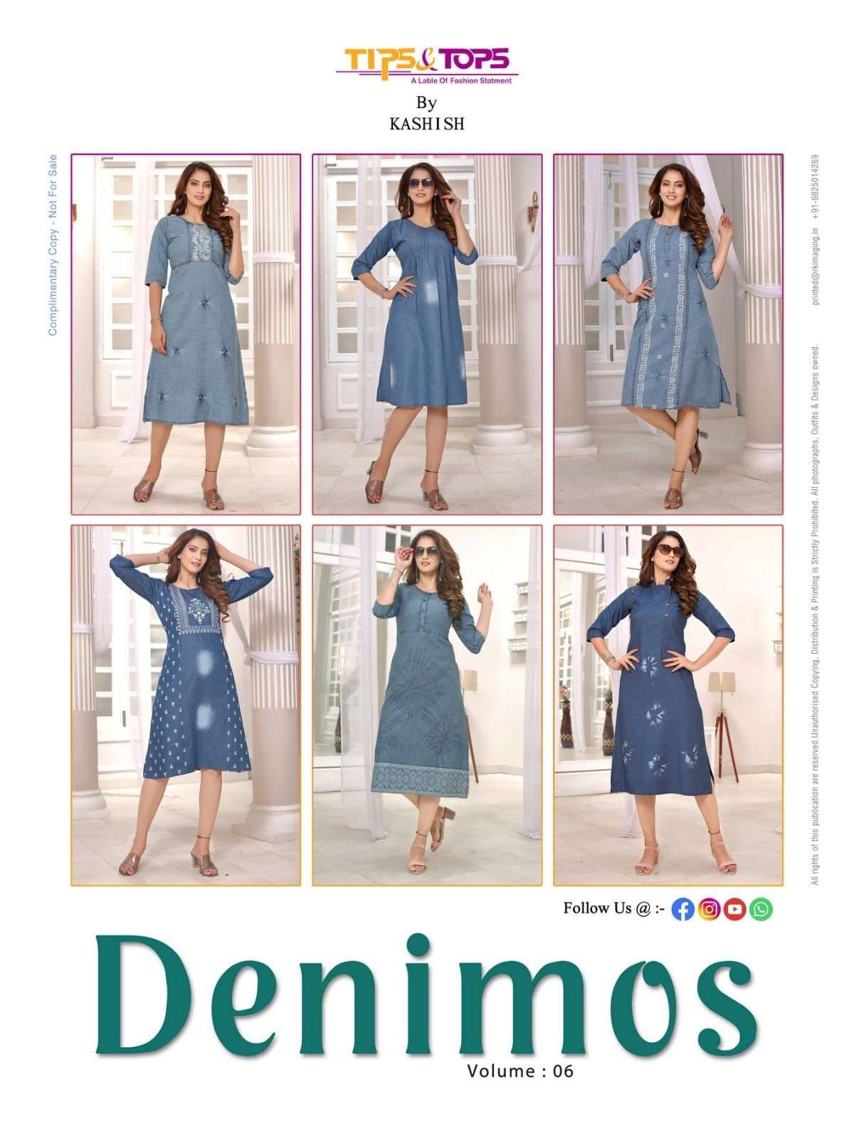 tips and tops denimos vol-6 601-606 pure cotton denim kurtis wholesale price surat